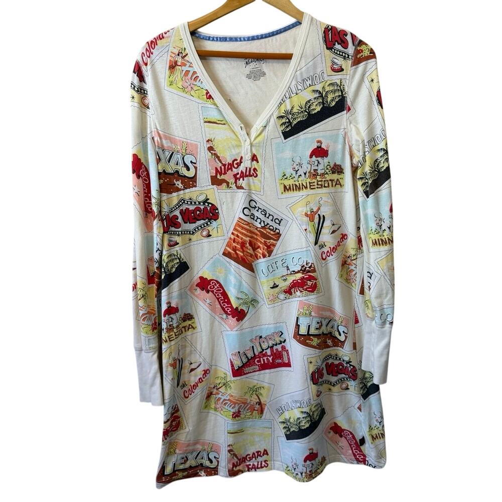Nick & Nora Post Stamp Travel Henley Long Sleeve Cozy Sleep Shirt Dress Small